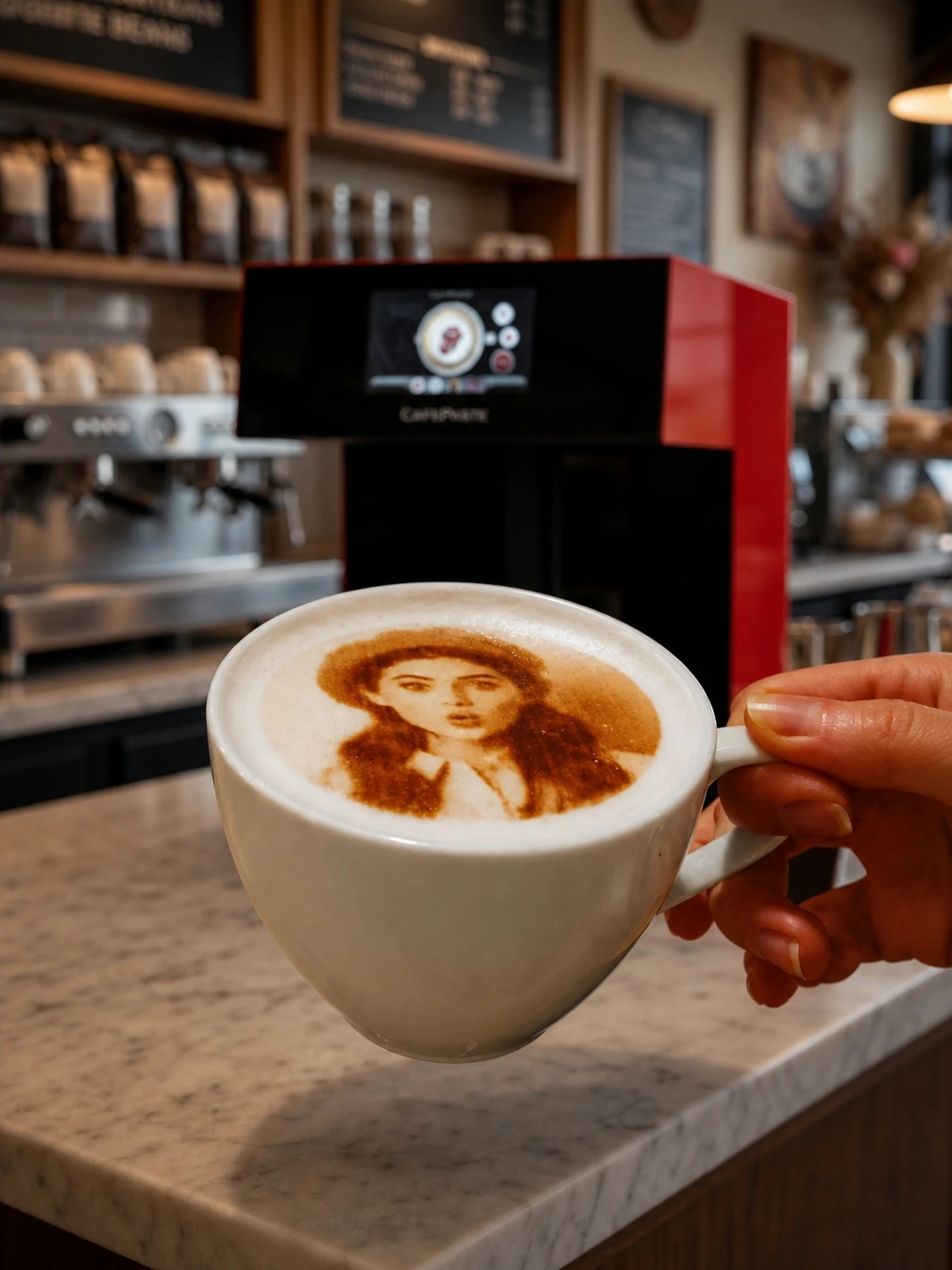 Latte art printer δημιουργεί πορτρέτο γυναίκας στη στάχτη καφέ καφέ
