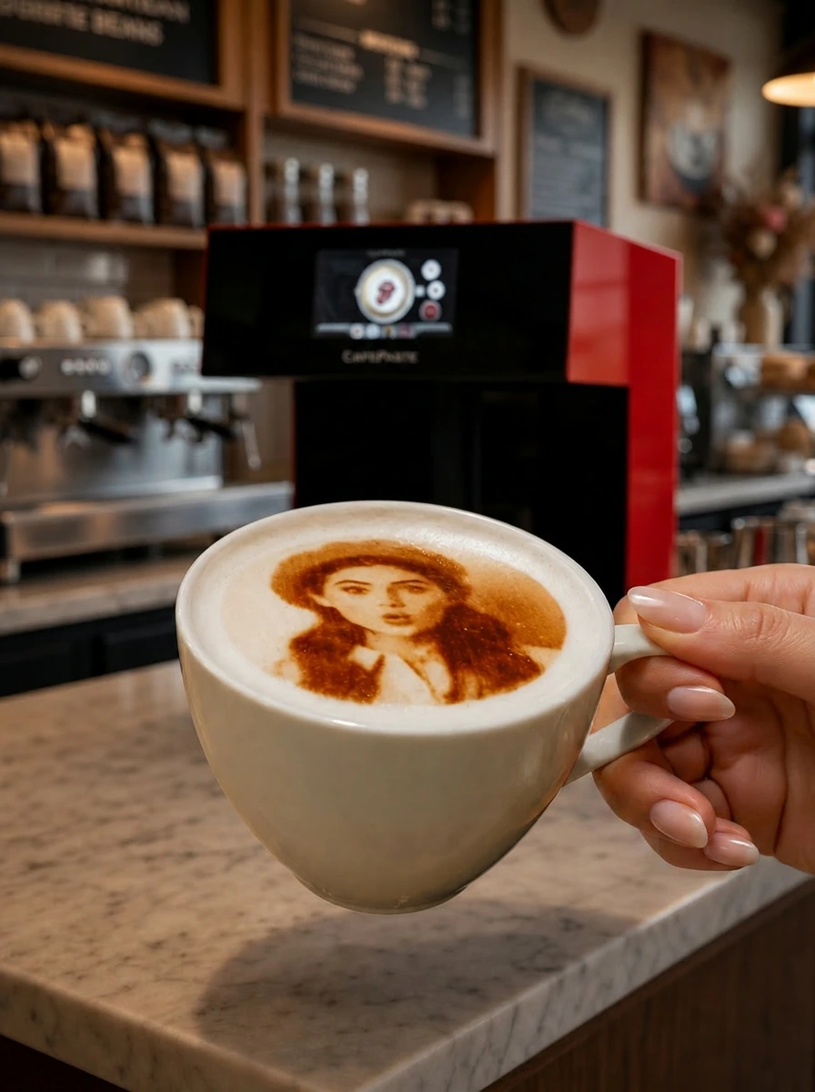 Latte Art Yazıcısı ile köpüğünde portre basılmış kahve, kafede hazırlanmış
