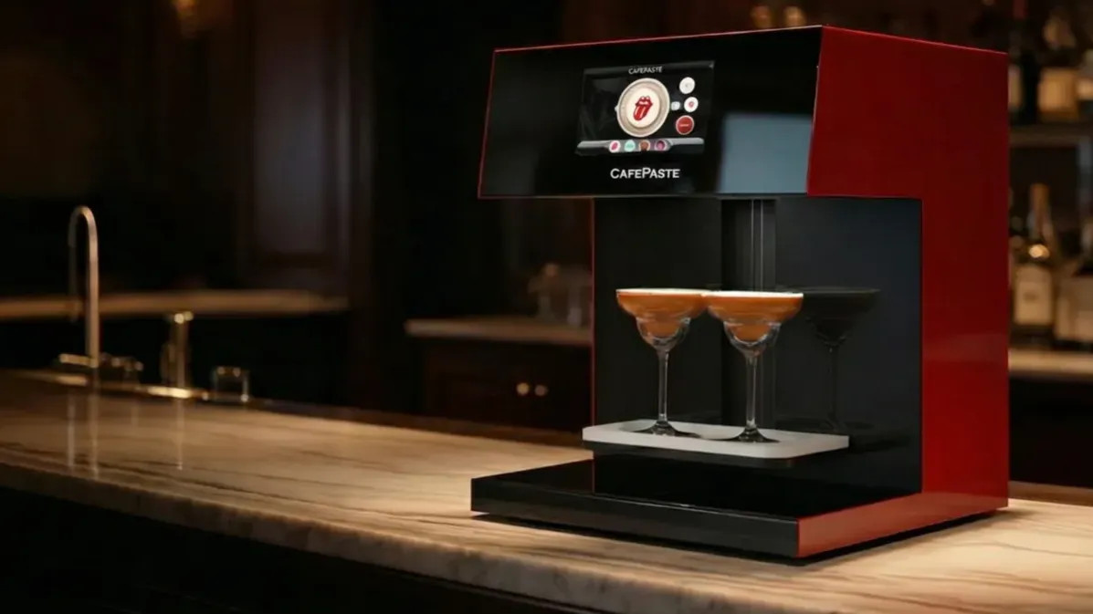 CAFEPASTE cocktail printer on a bar counter with two glasses