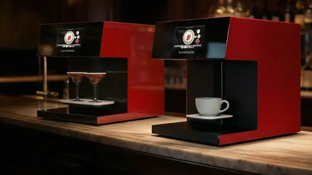Two CAFEPASTE coffee printers on a hotel bar counter with an espresso cup and two cocktails