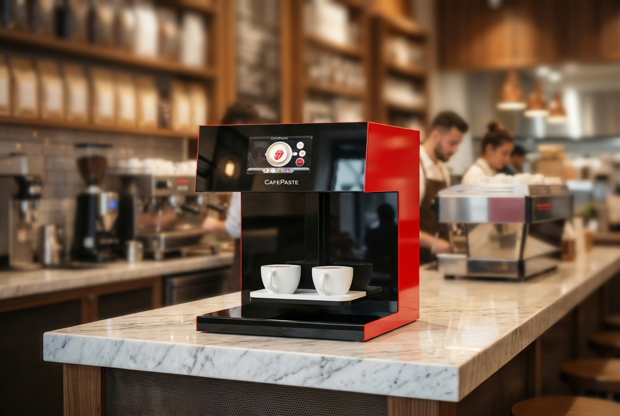 Coffee printer with two white coffee cups on a marble counter in a café
