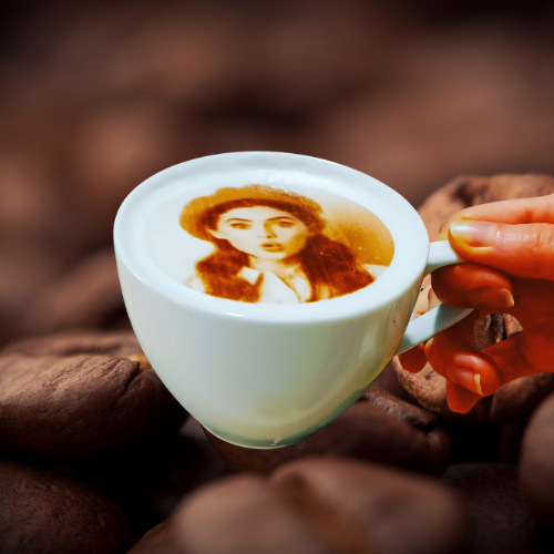 Stampante latte art: ritratto su schiuma in una tazzina tenuta in mano