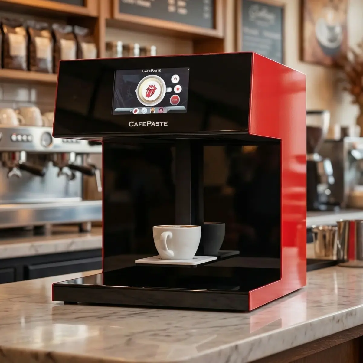 Coffee printer CAFEPASTE ağ fincanla kafe tezgahında