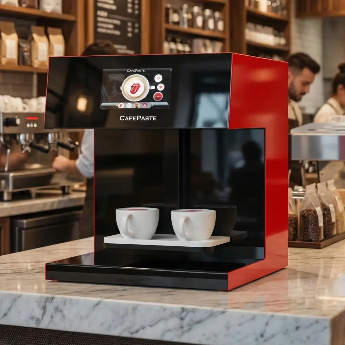 Stampante per caffè CAFEPASTE in una caffetteria con due tazze