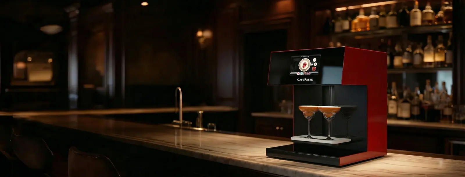 Impressora de drinks CAFEPASTE em um balcão com dois cocktails em copos coupé