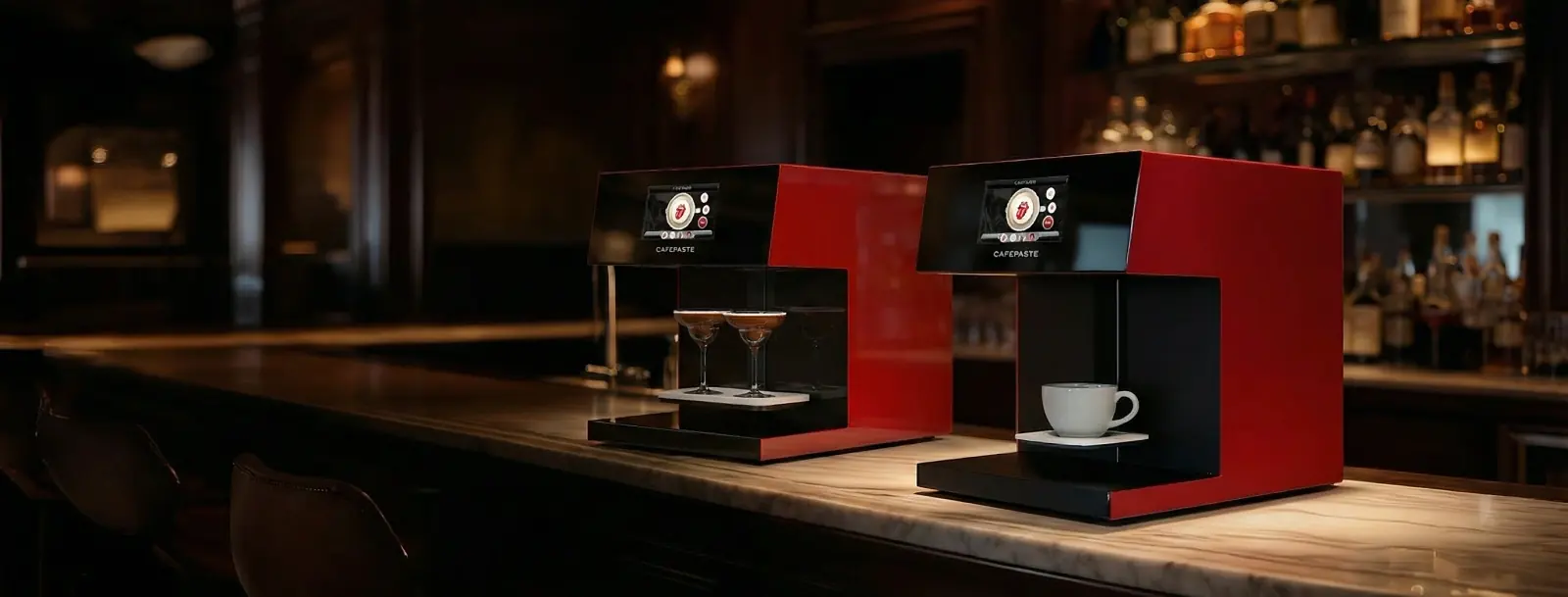 Deux imprimantes café CAFEPASTE sur un comptoir de bar d'hôtel avec une tasse d'espresso et deux cocktails