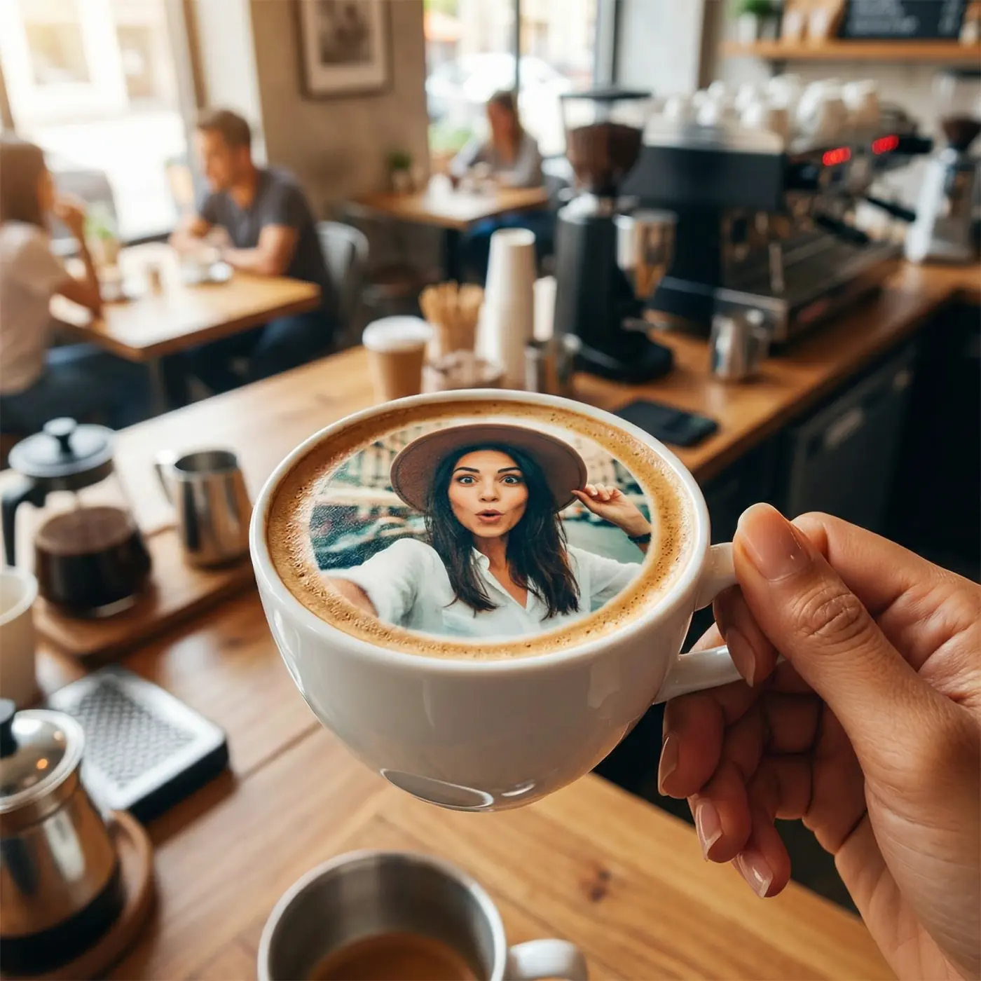 Latte with a guest portrait applied as edible Art